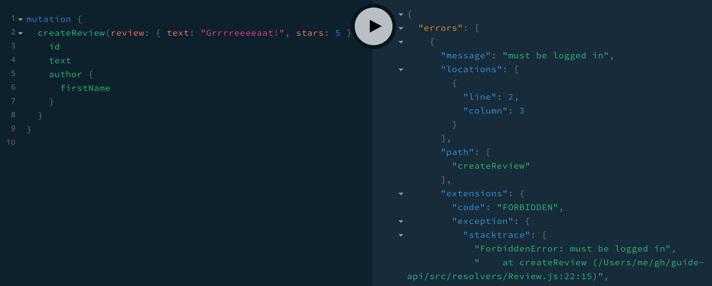 createReview mutation with error: "must be logged in"