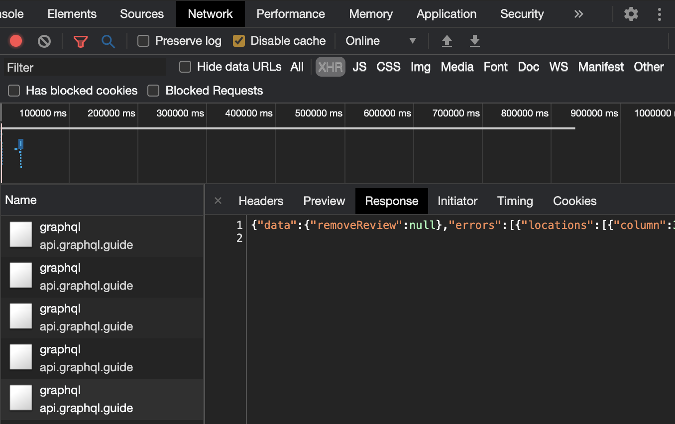 Network tab of DevTools with the error response