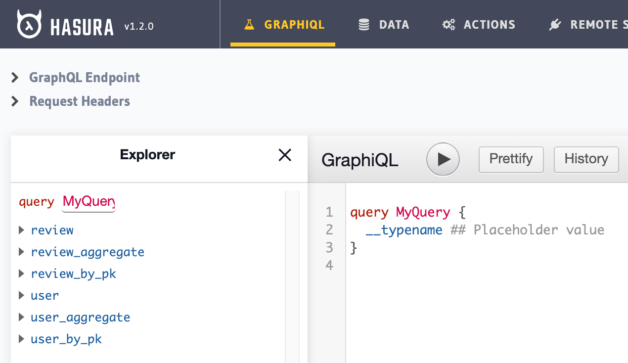 review, review_aggregate, review_by_pk, and same for user