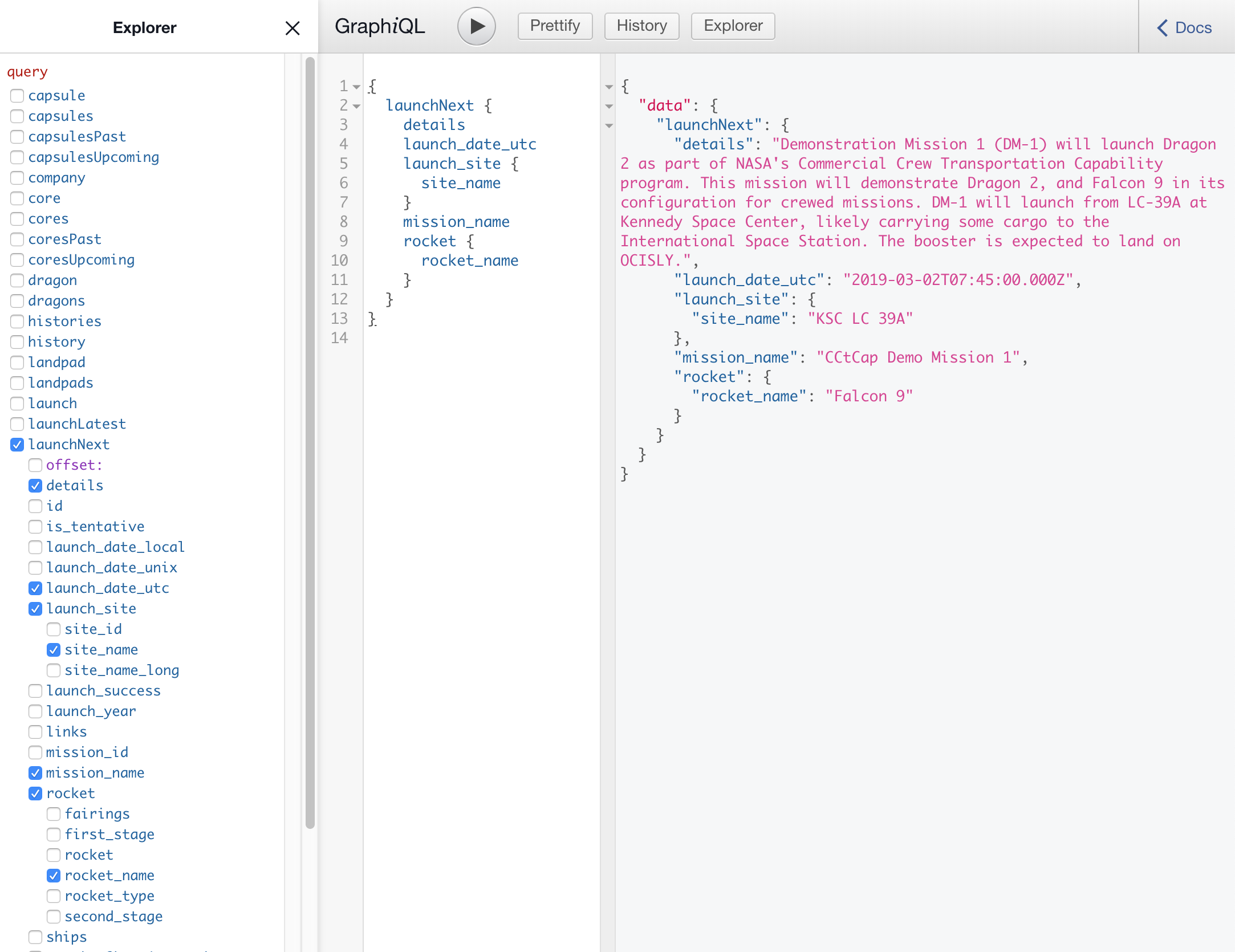SpaceX GraphiQL with launchNext query