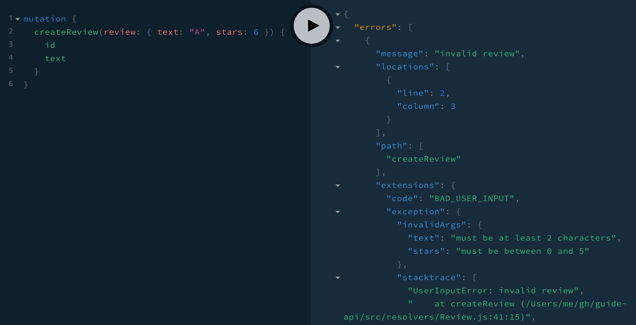 createReview query with both errors in extensions.exception.invalidArgs