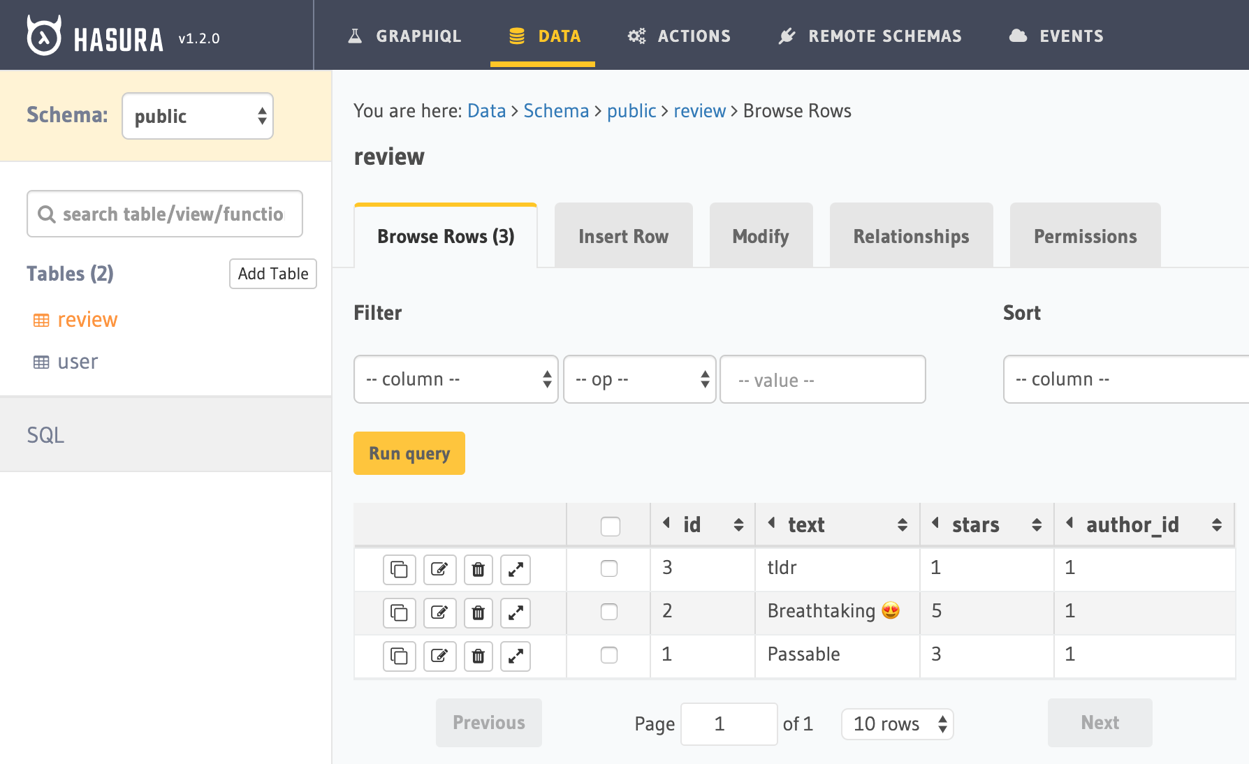 review table with four columns and three rows