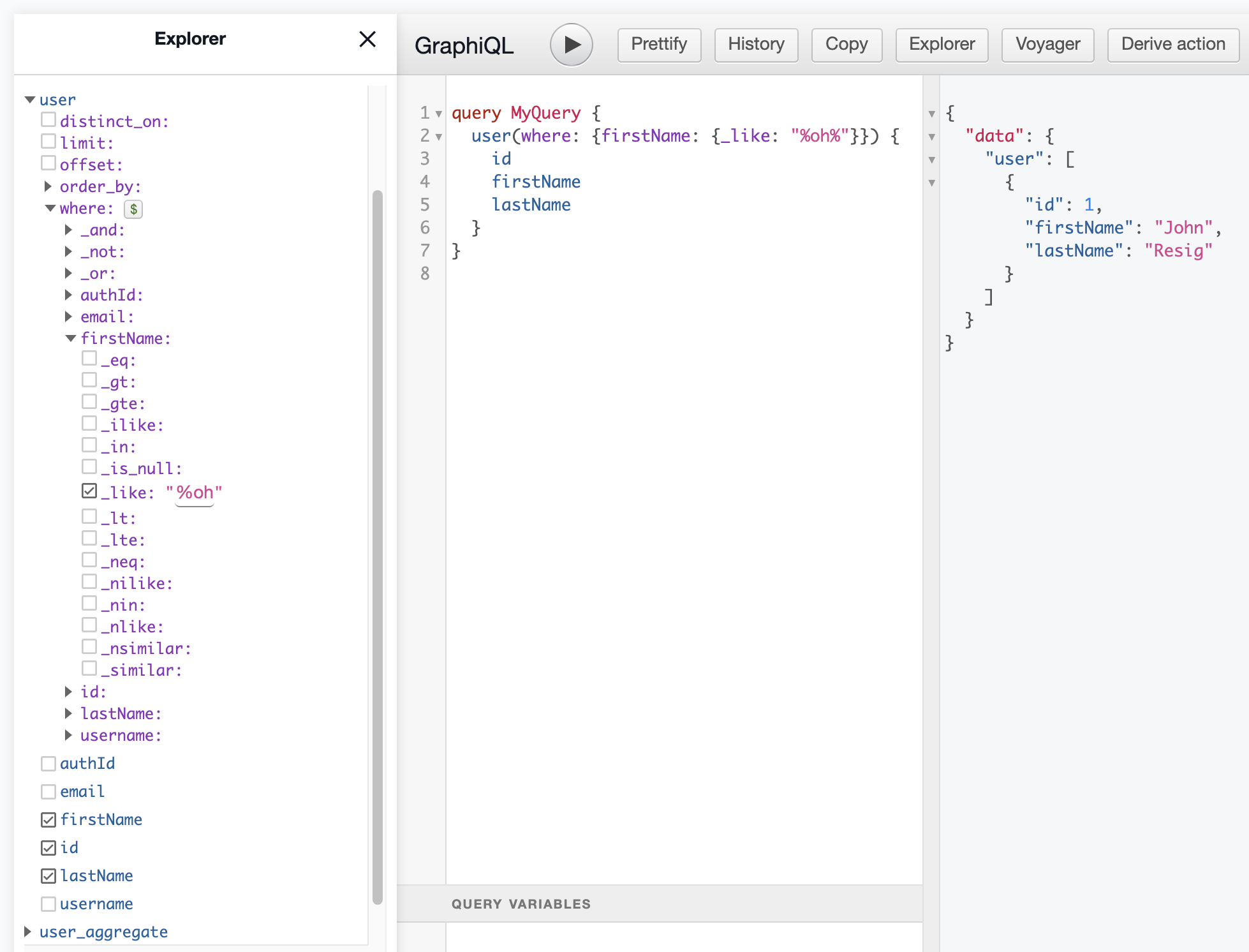 user query with one result