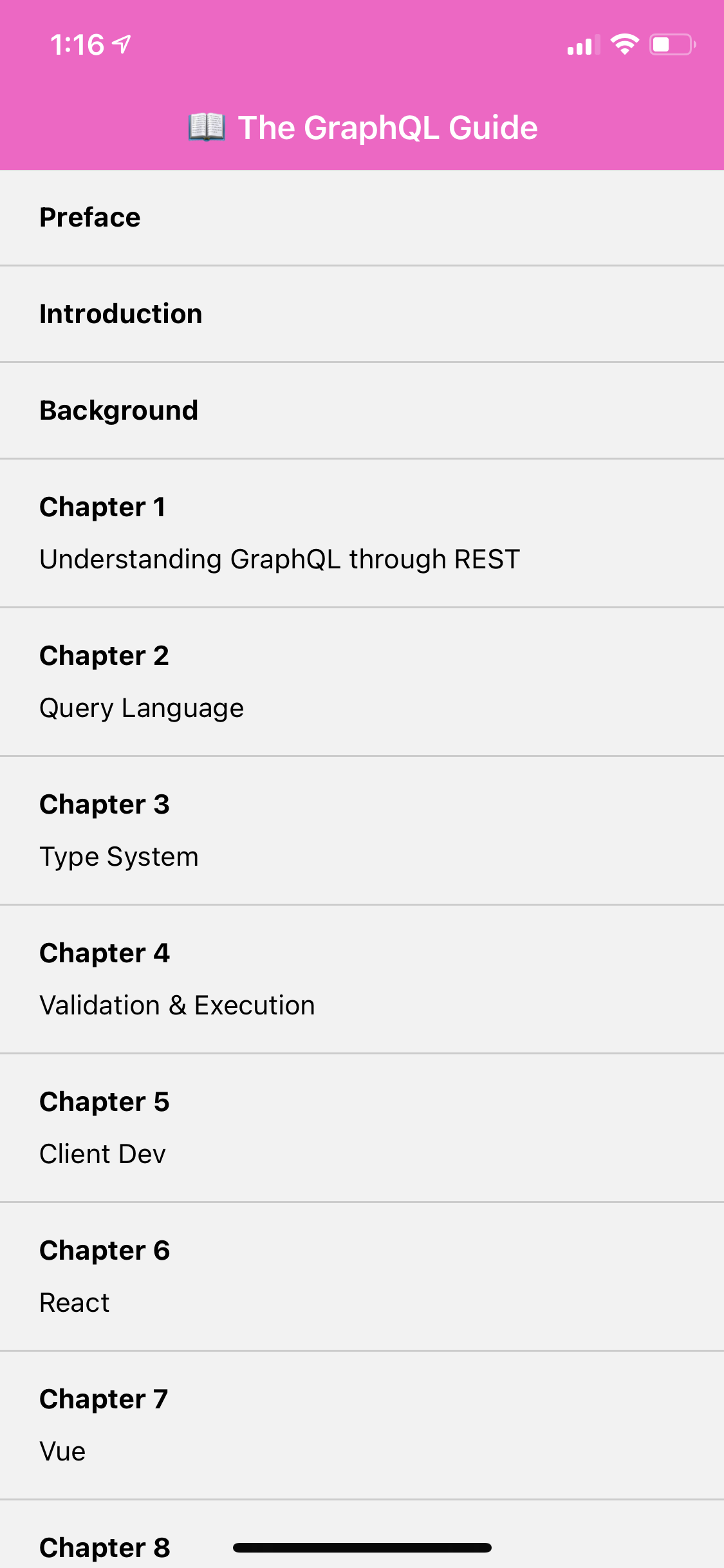 App open on iOS, displaying the list of chapters