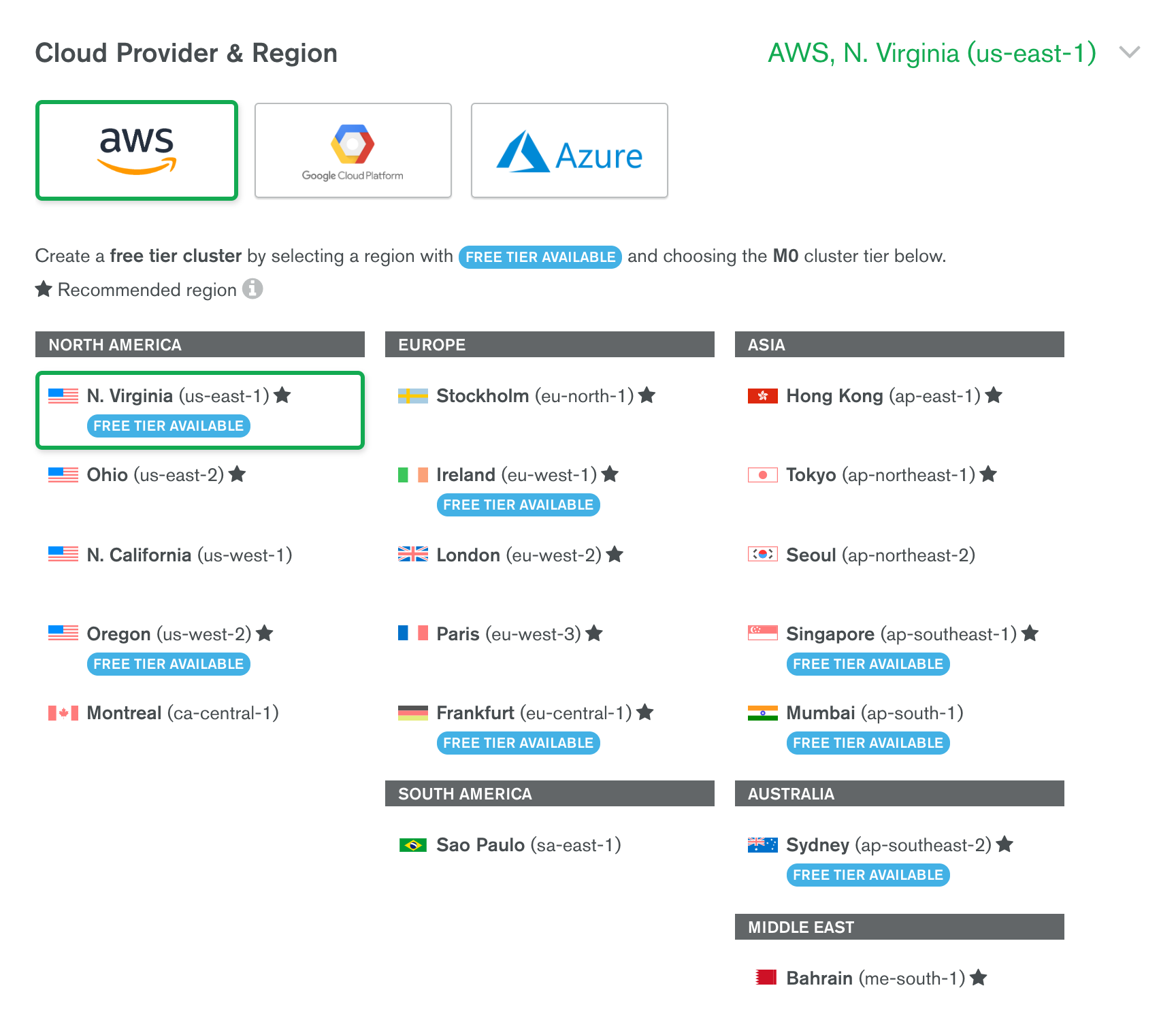 List of AWS regions with us-east-1 selected