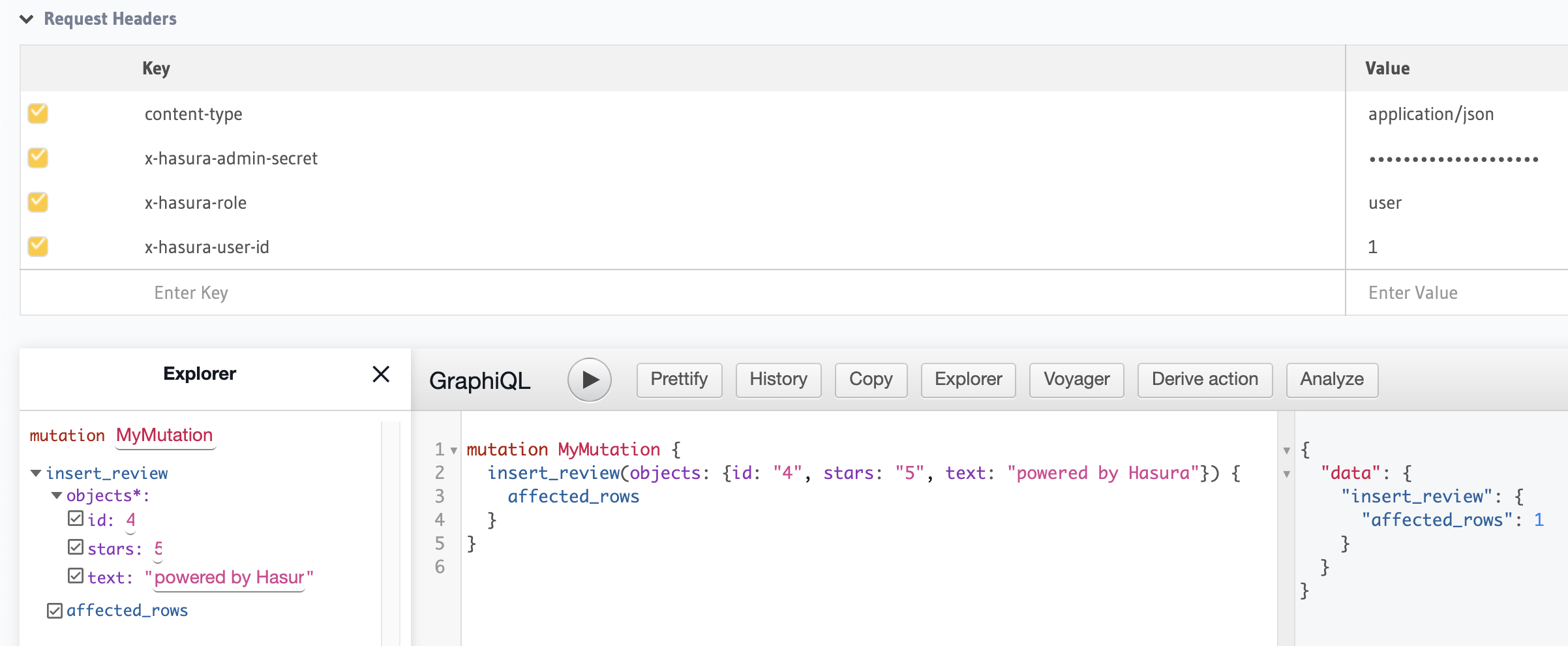 insert_review mutation with successful response in GraphiQL