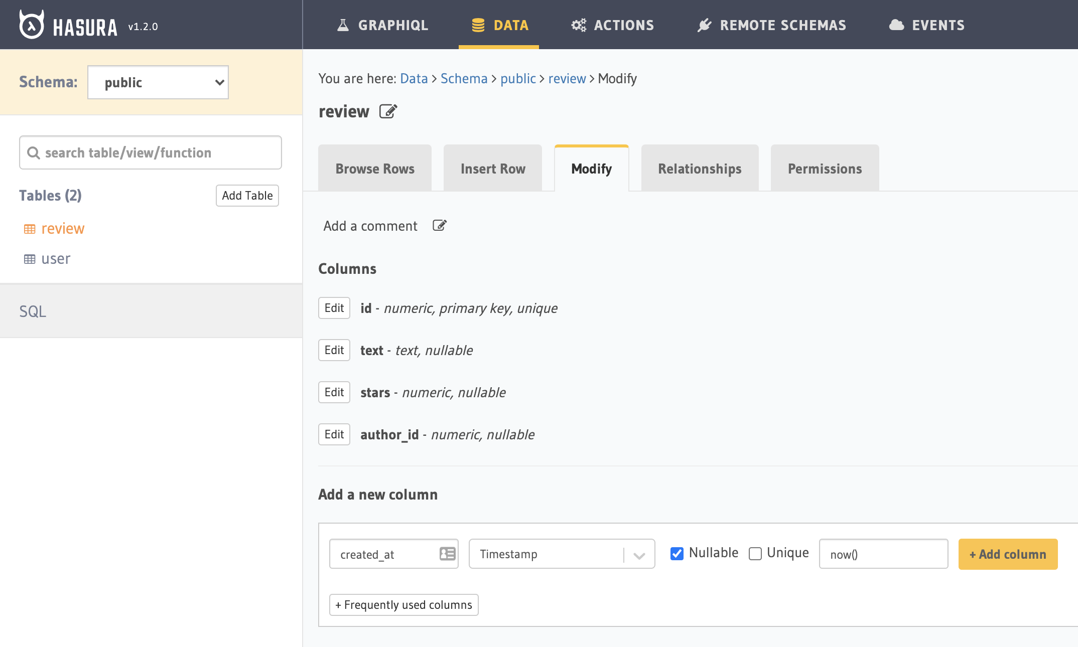 review table > Modify > Add a new column form
