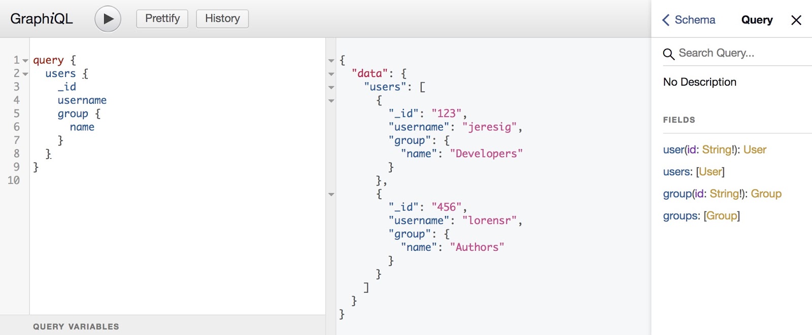 Users with their groups in GraphiQL