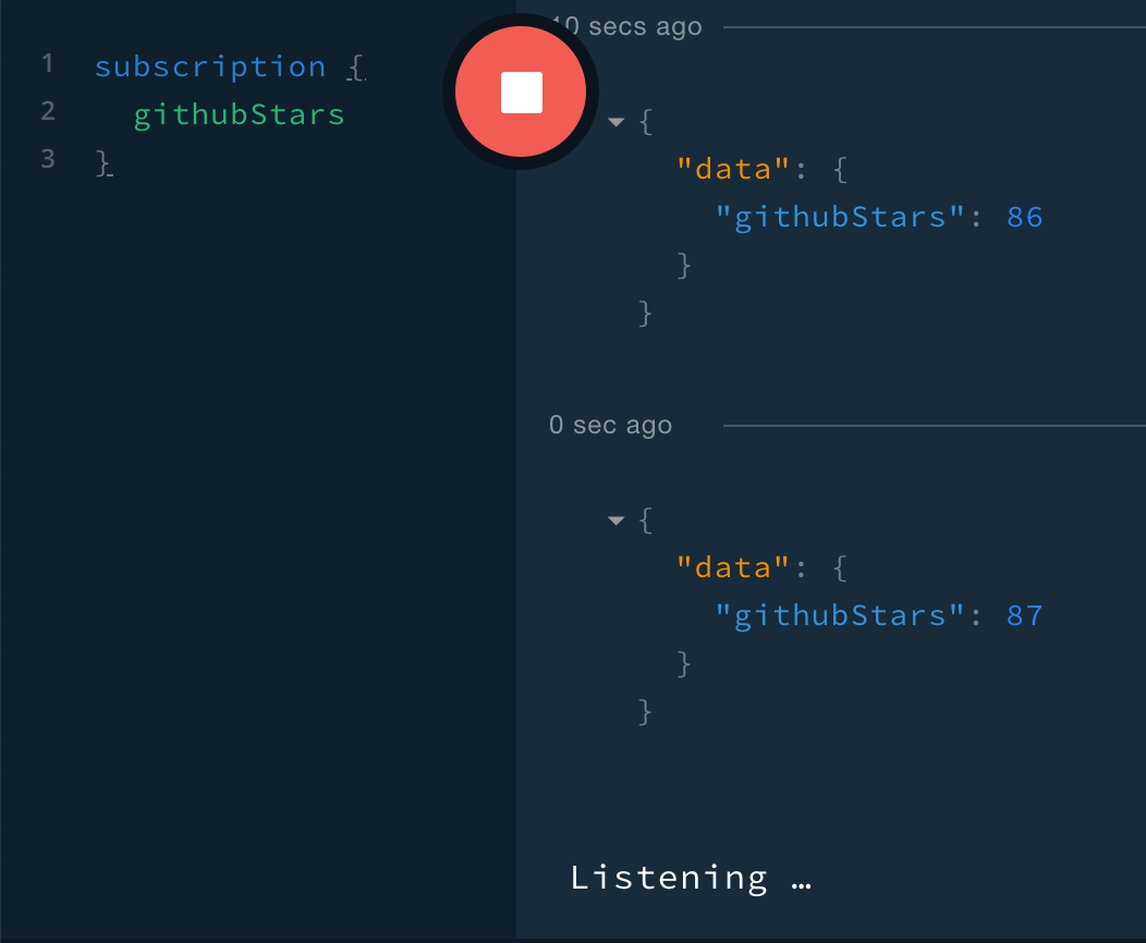 githubStars subscription in Playground with two events