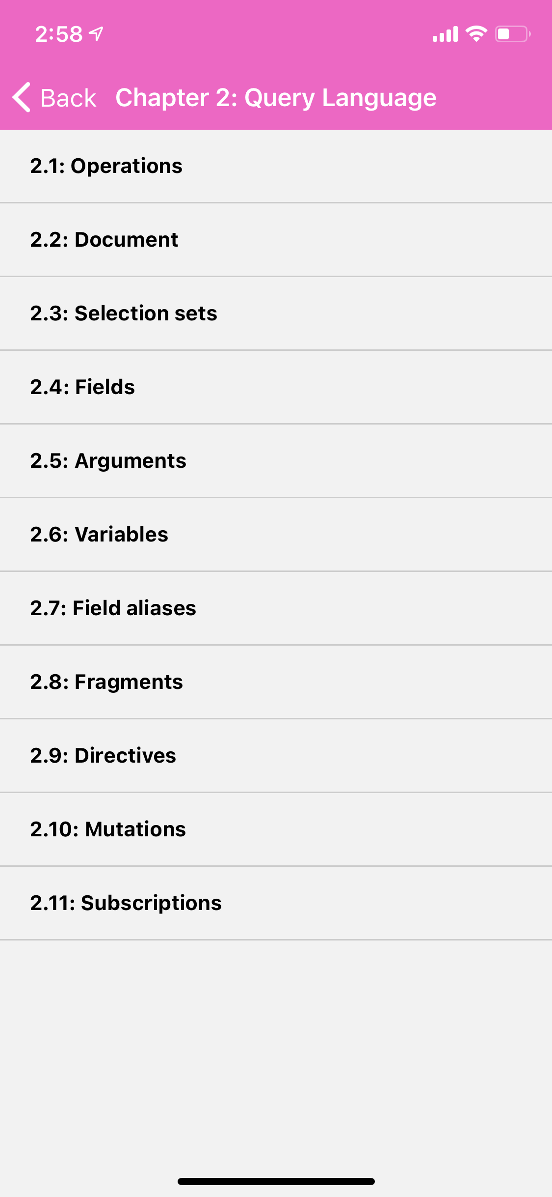 Screen with “Chapter 2: Query Language” title and a list of sections