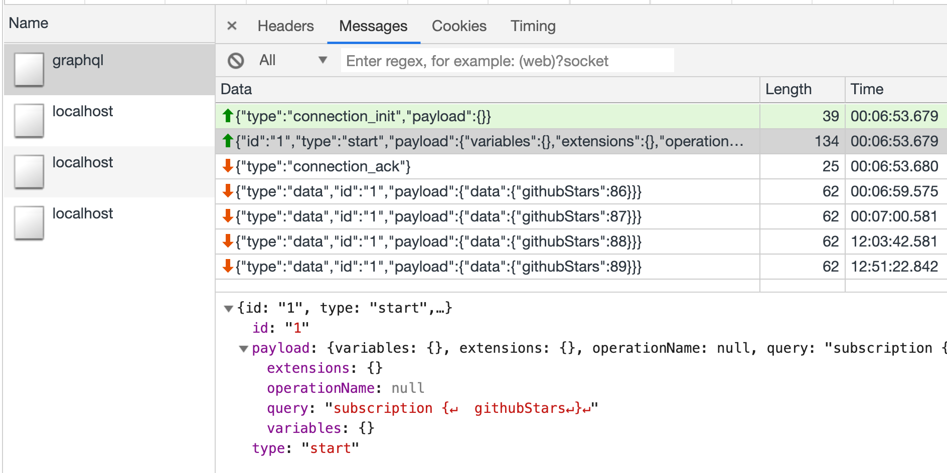 Network tab with a list of WebSocket messages