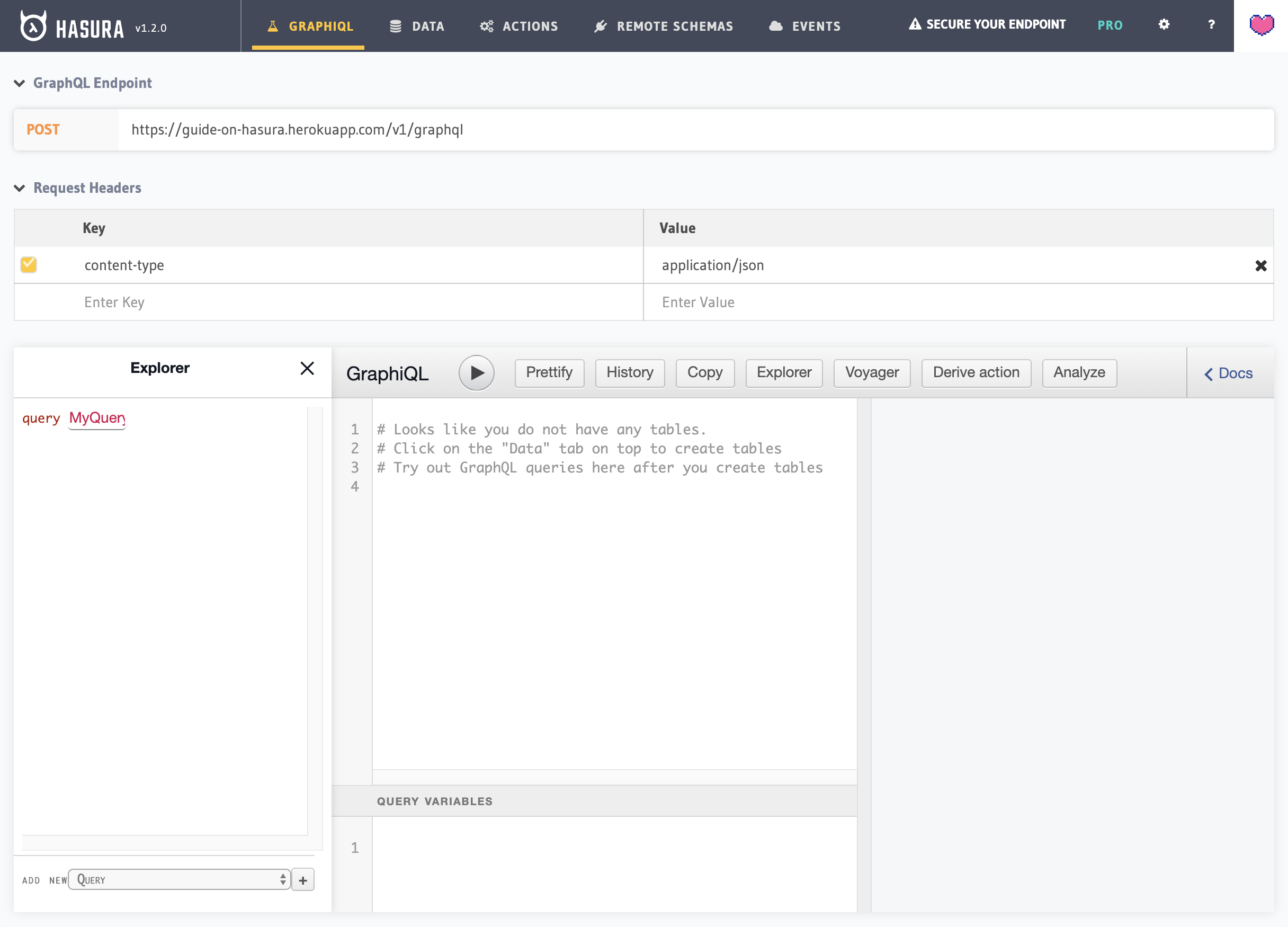 Hasura console on the GraphiQL tab