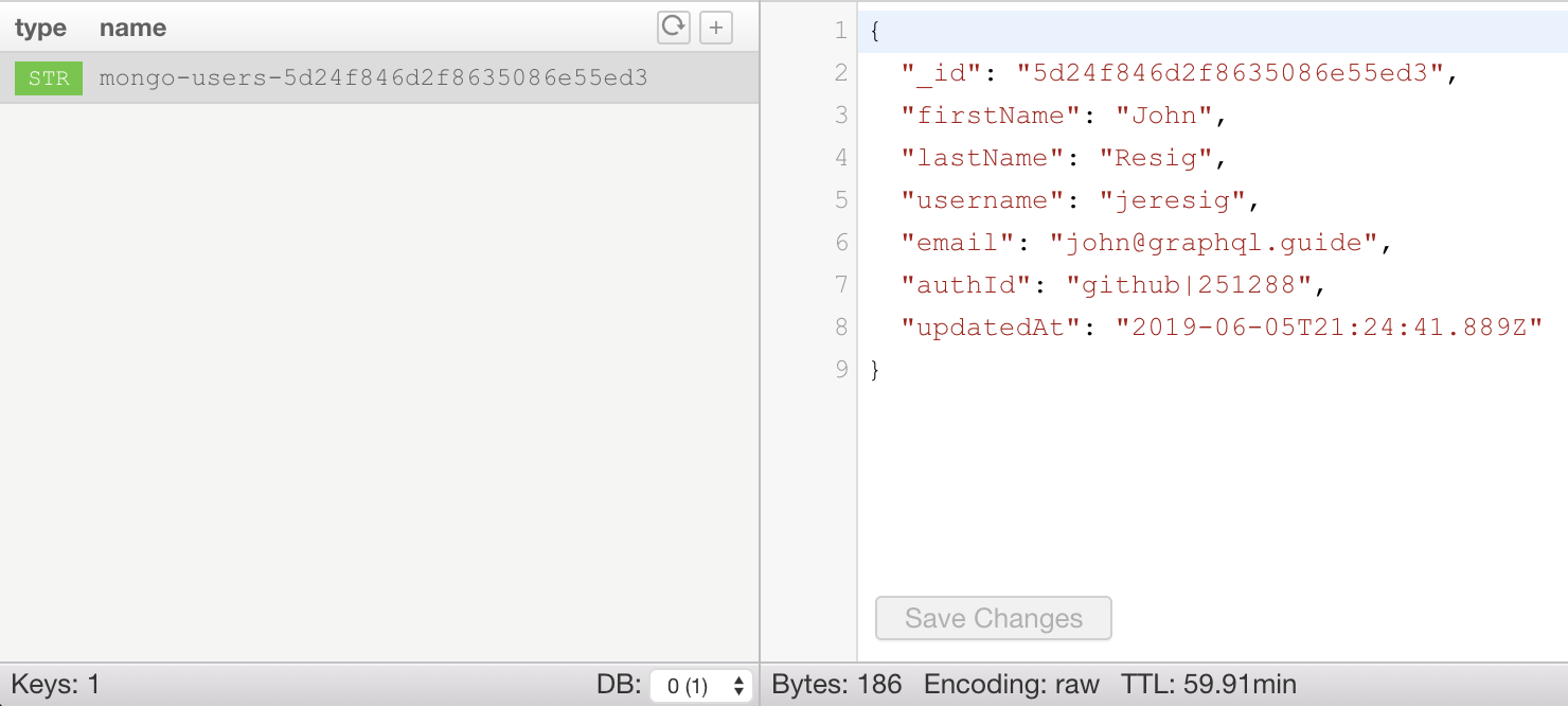 Cache key with corresponding user object