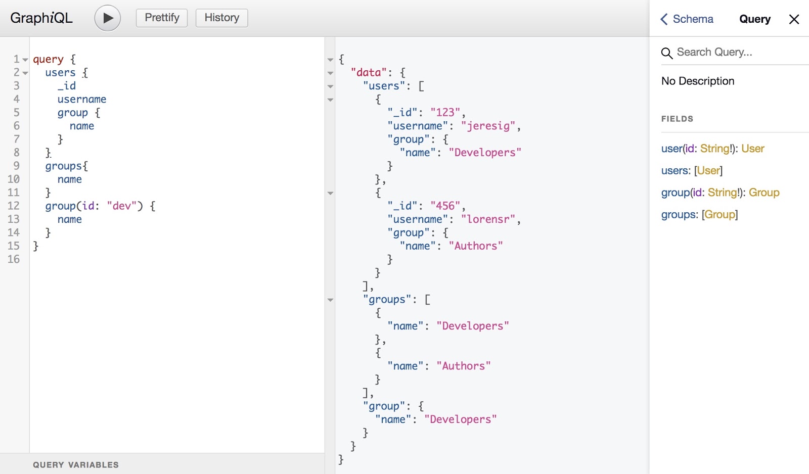 One query for users, groups, and a group in GraphiQL