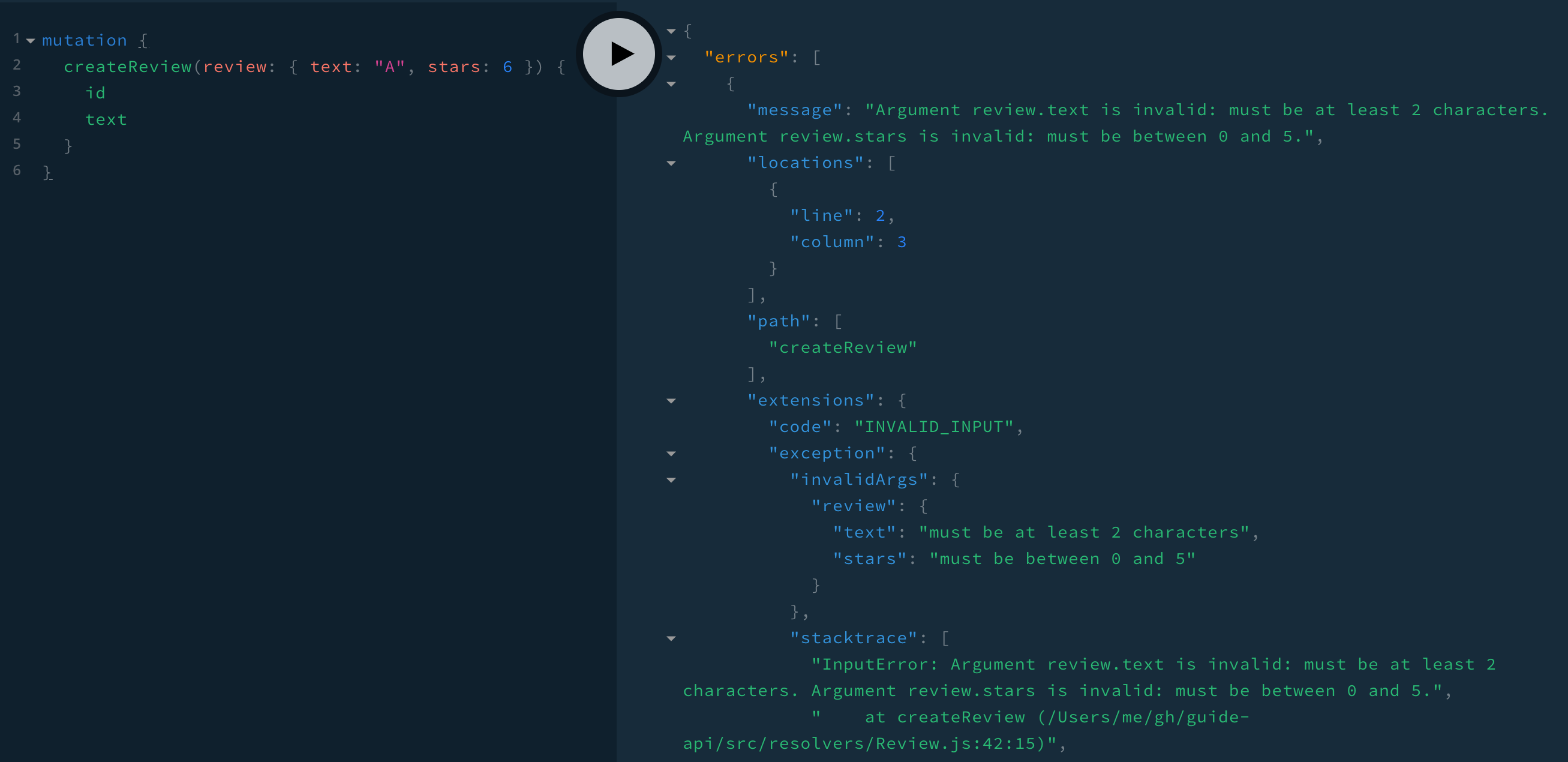 invalid createReview query with new InputError response