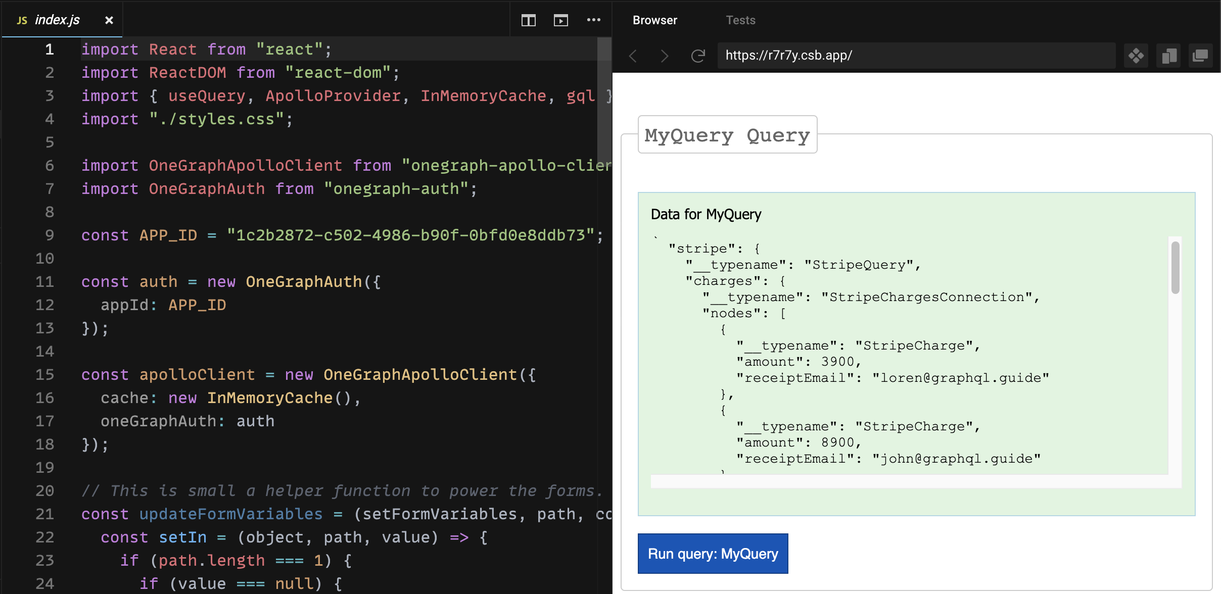 CodeSandbox with Stripe data