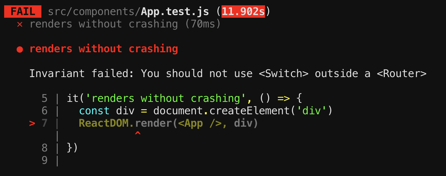 npm test output with red FAIL message