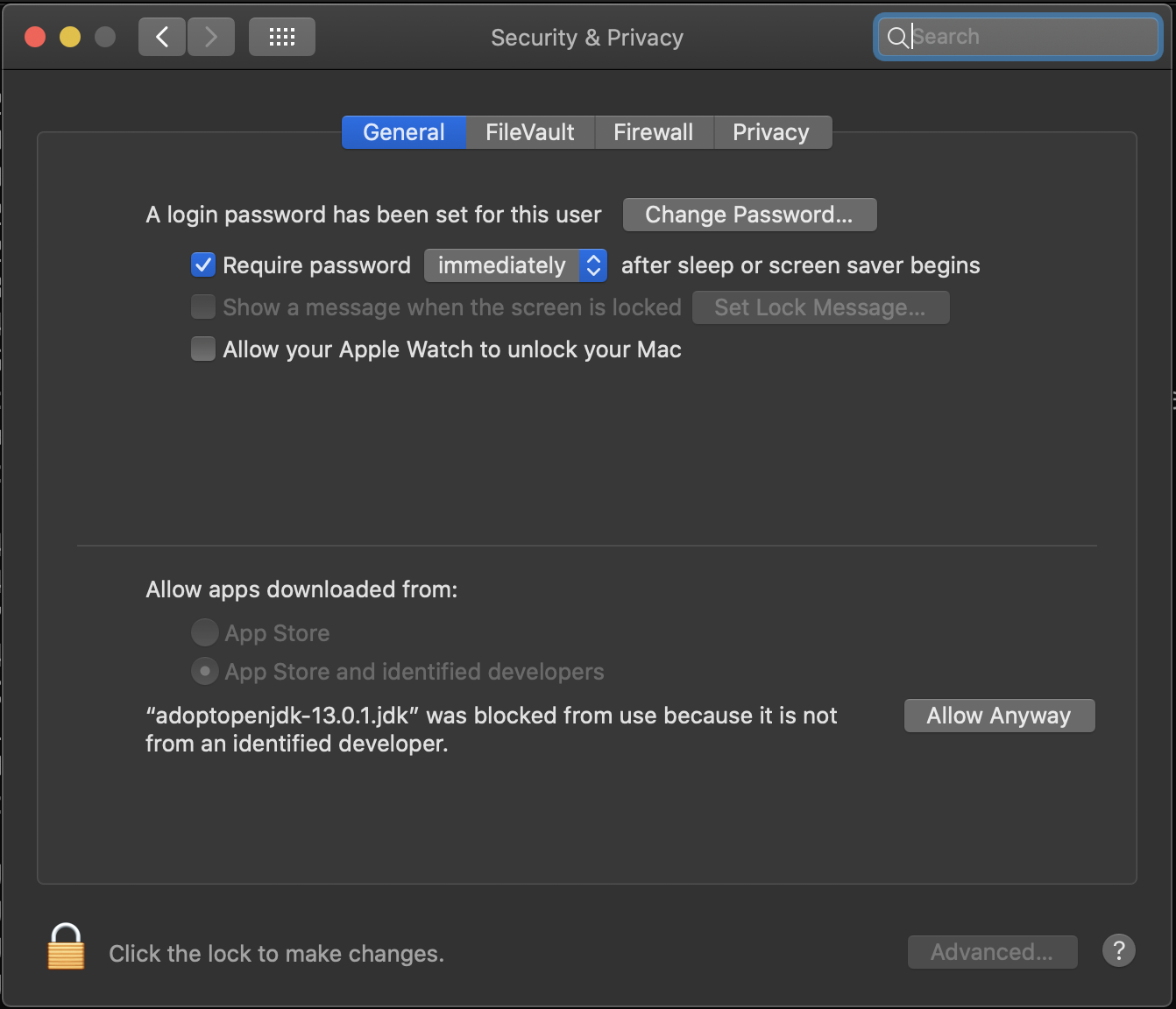 Security & Privacy General tab