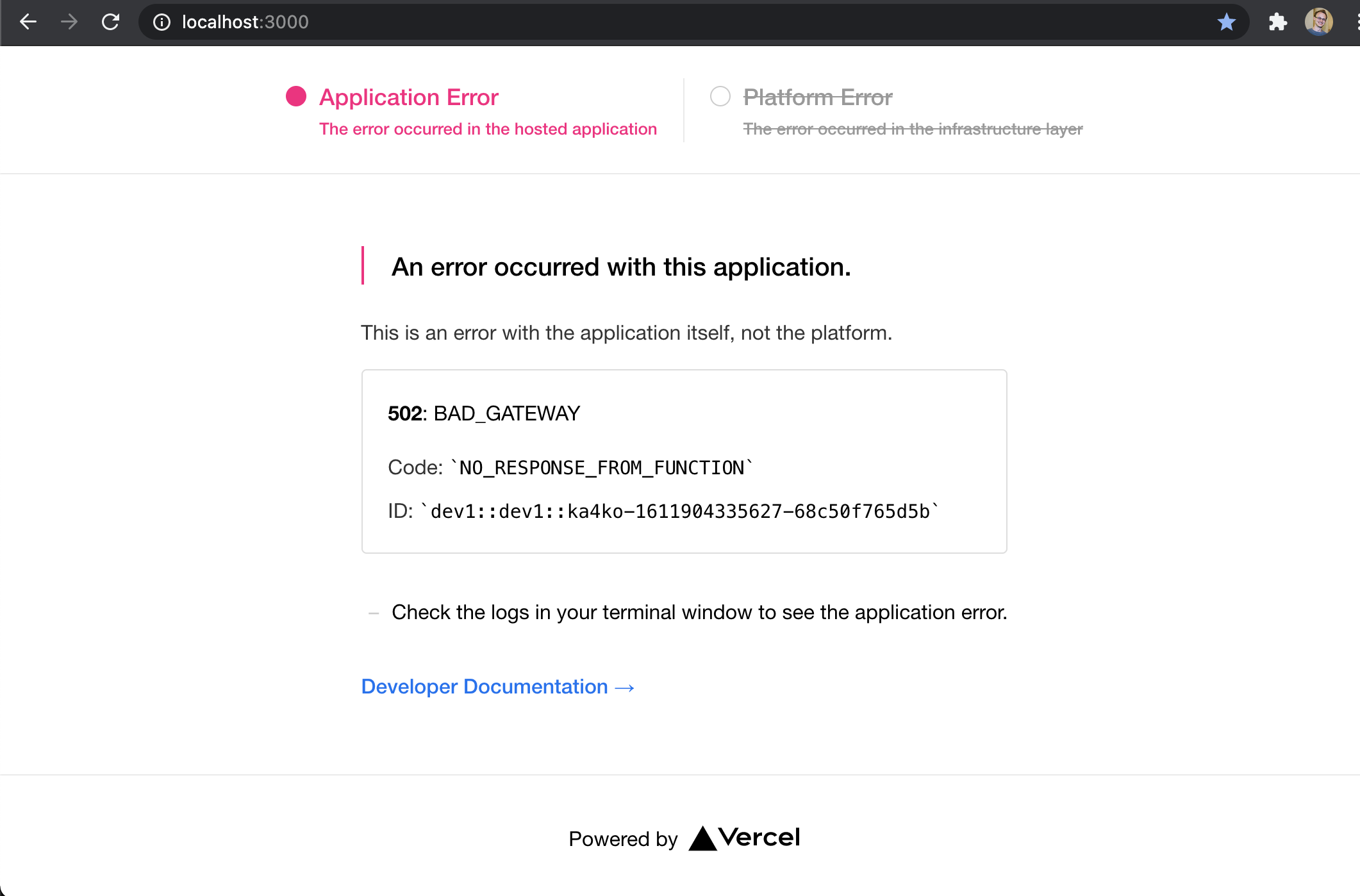 “An error occurred with this application”