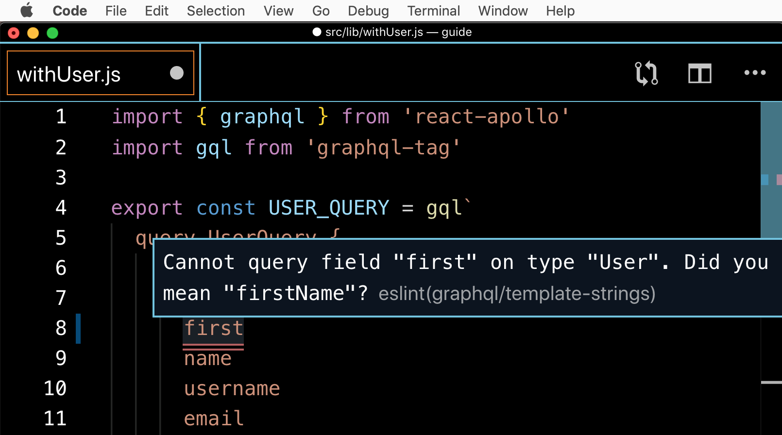 ESLint error message tooltip