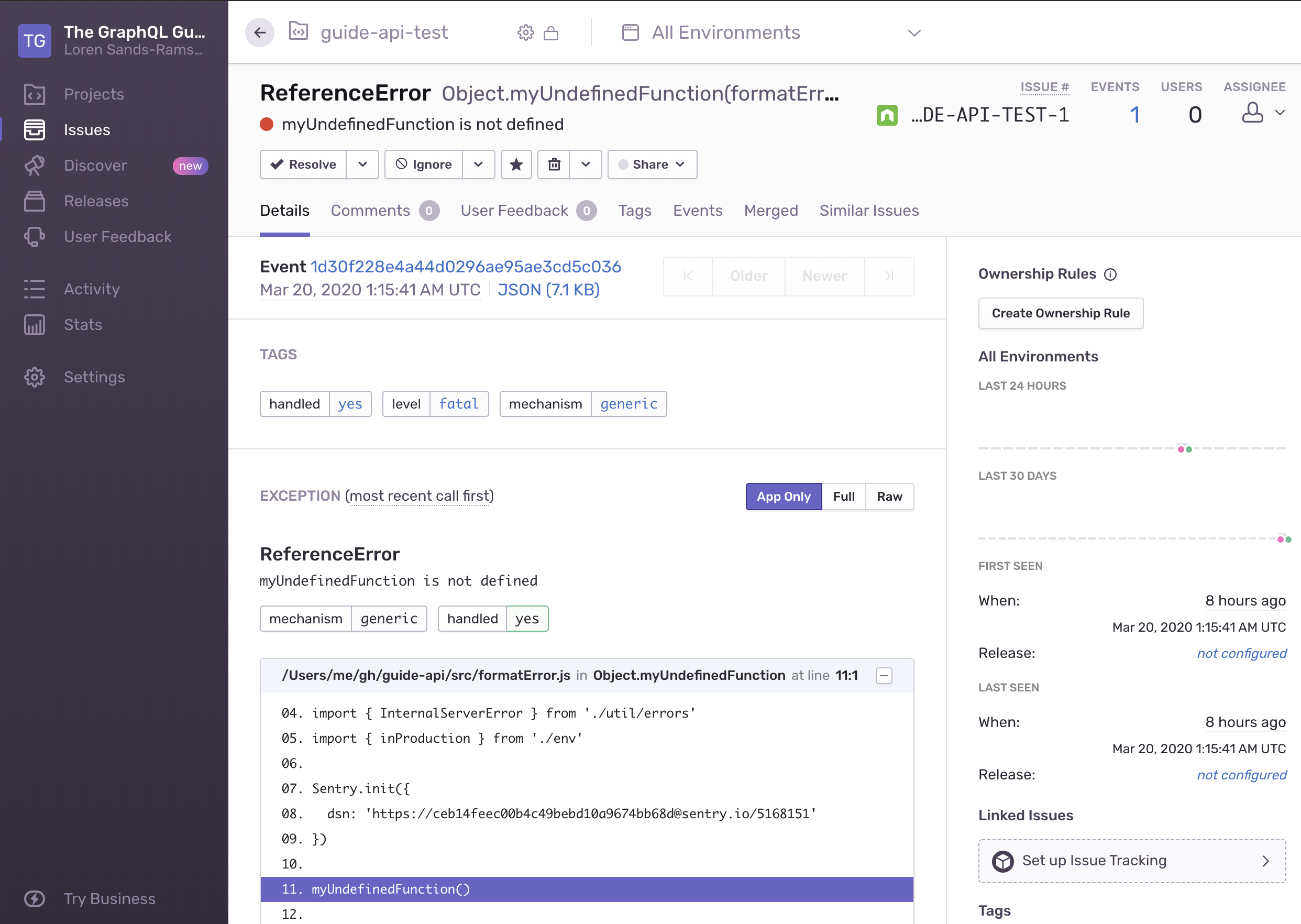 The error detail page of the Sentry web app