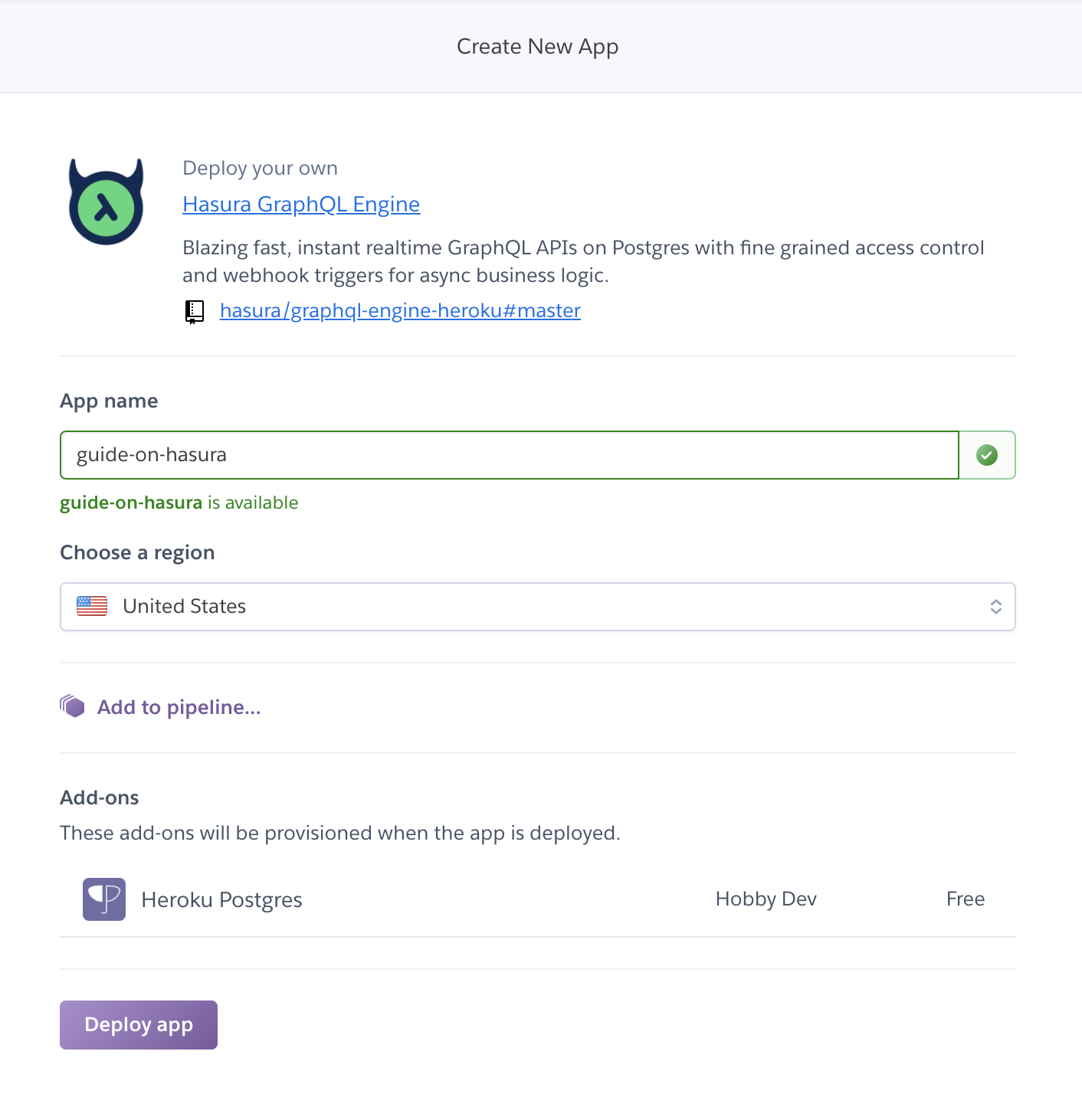 Heroku Create New App page