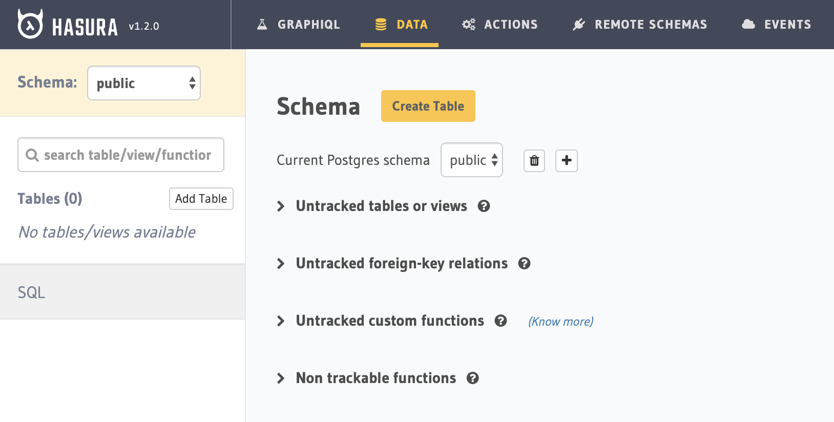 Hasura console Data tab