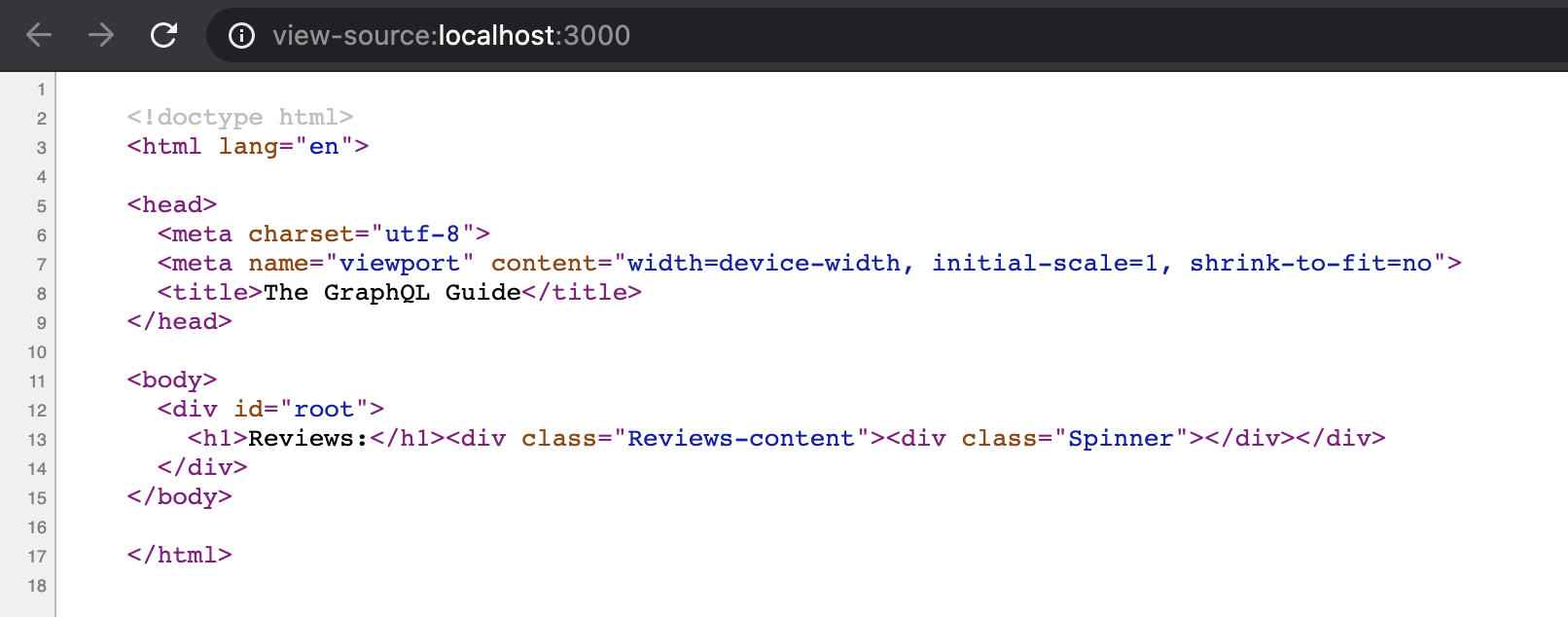 The HTML source for localhost:3000