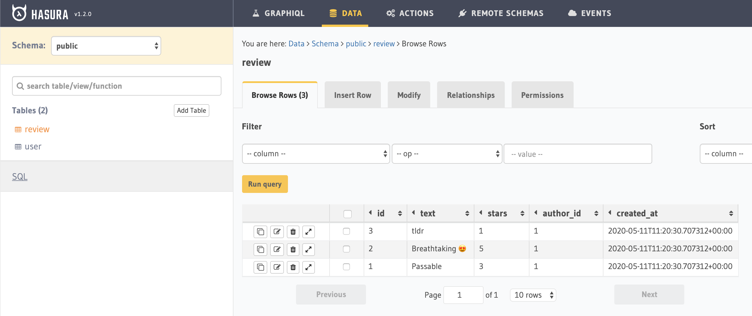 Data > review table