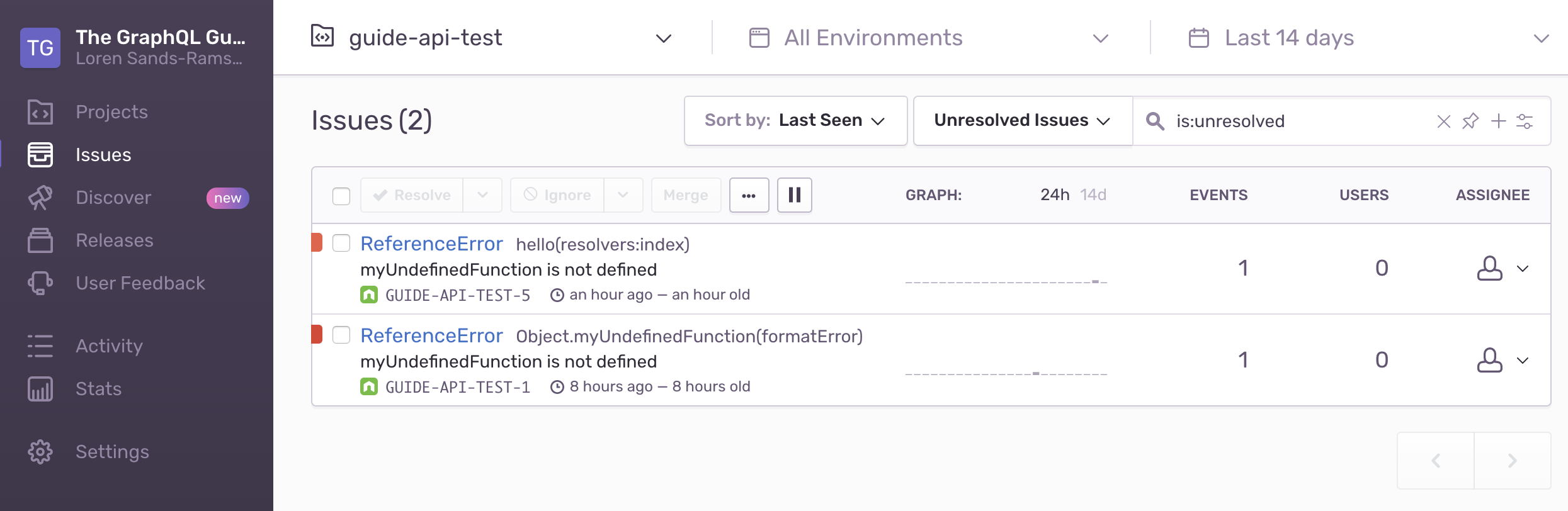 Sentry website with a list of 2 errors